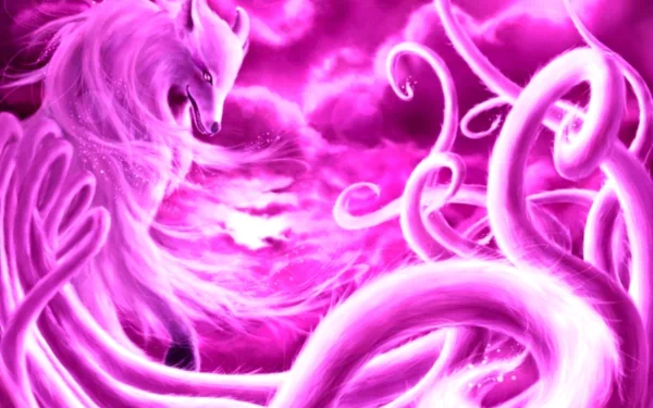 A magical fantasy creature resembling a wolf and fox emerges from swirling pink clouds, creating a captivating HD wallpaper background.