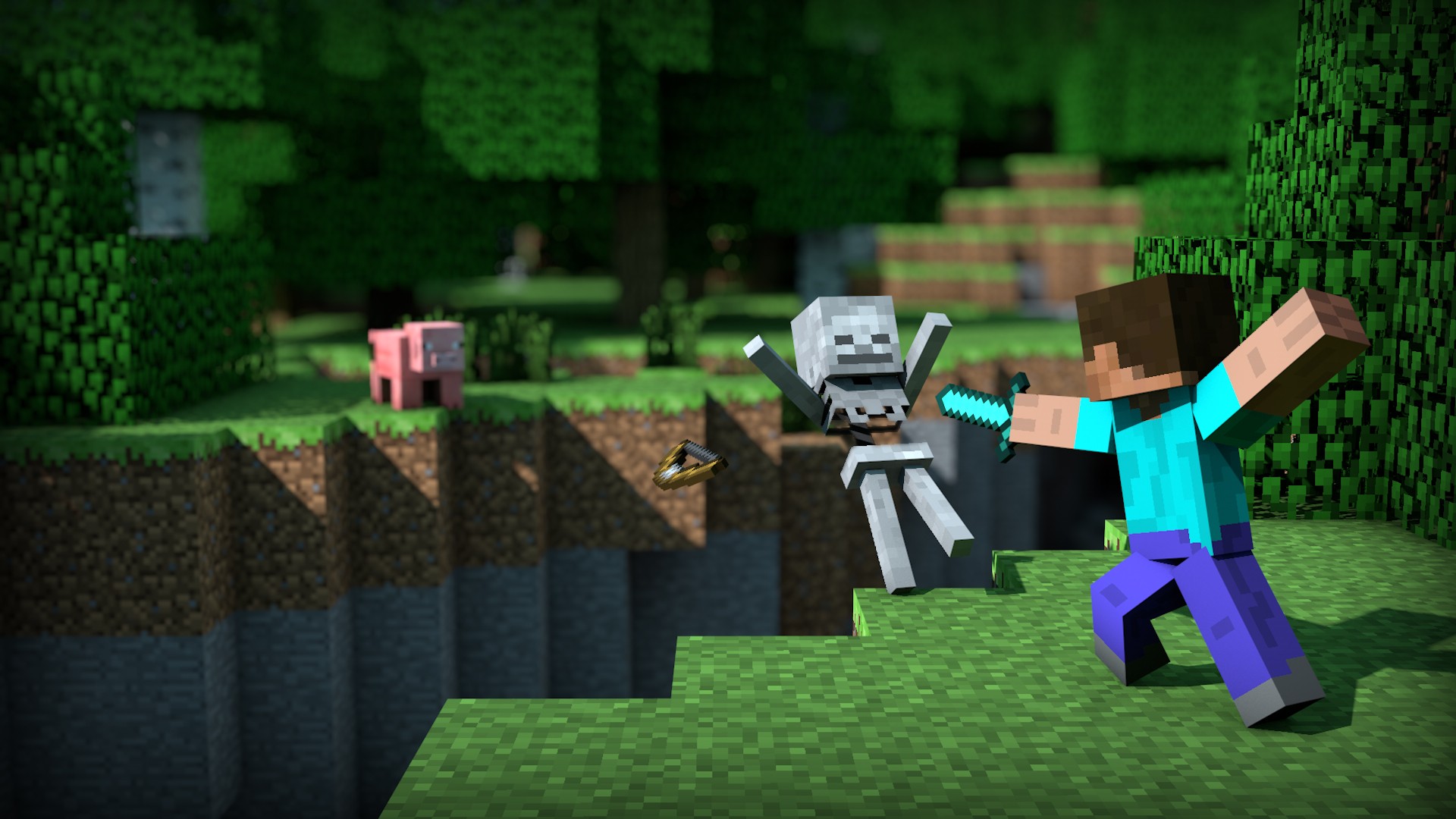 Steve hitting a skeleton with a diamond sword while a pig watches by Murshtin