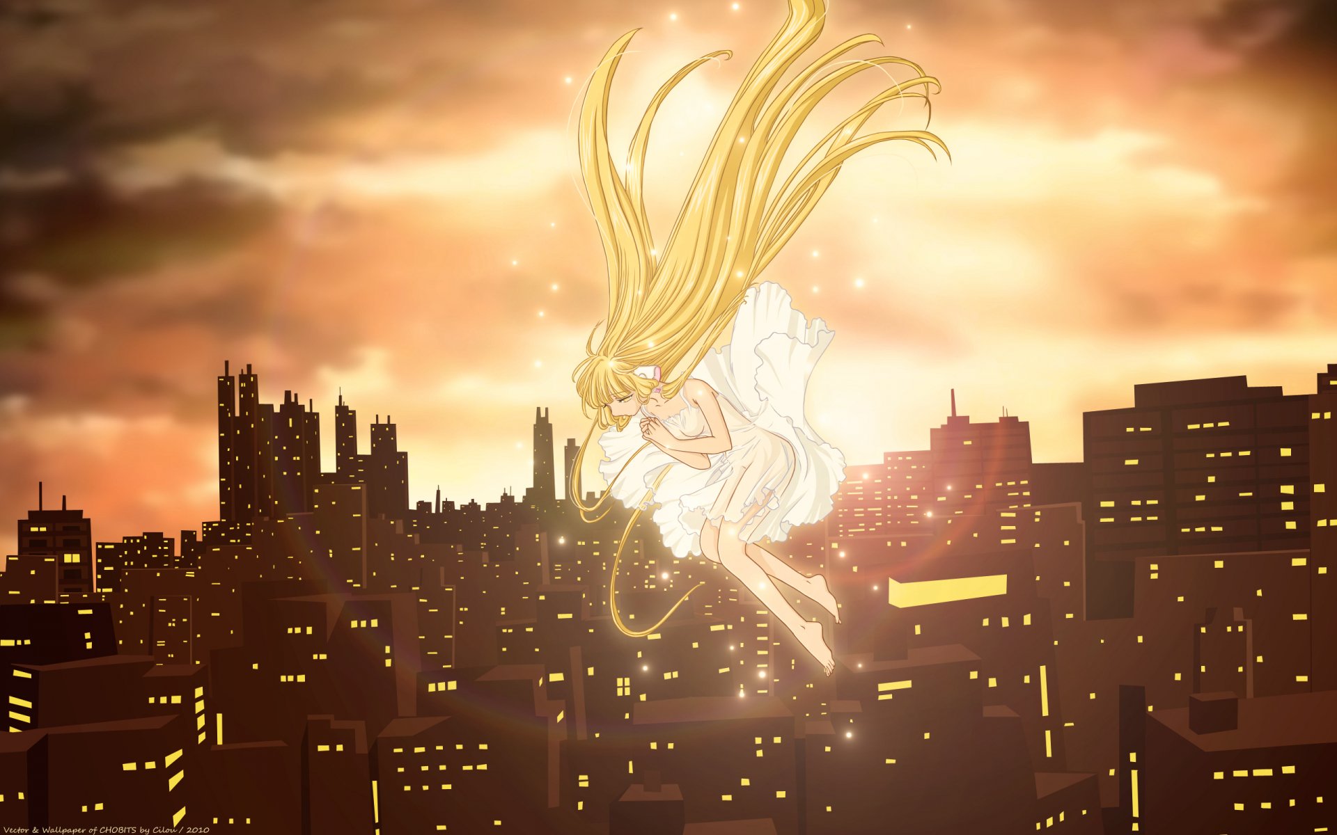 HD PC desktop wallpaper featuring an anime character from Chobits with flowing blonde hair, glowing softly against a city skyline at sunset.