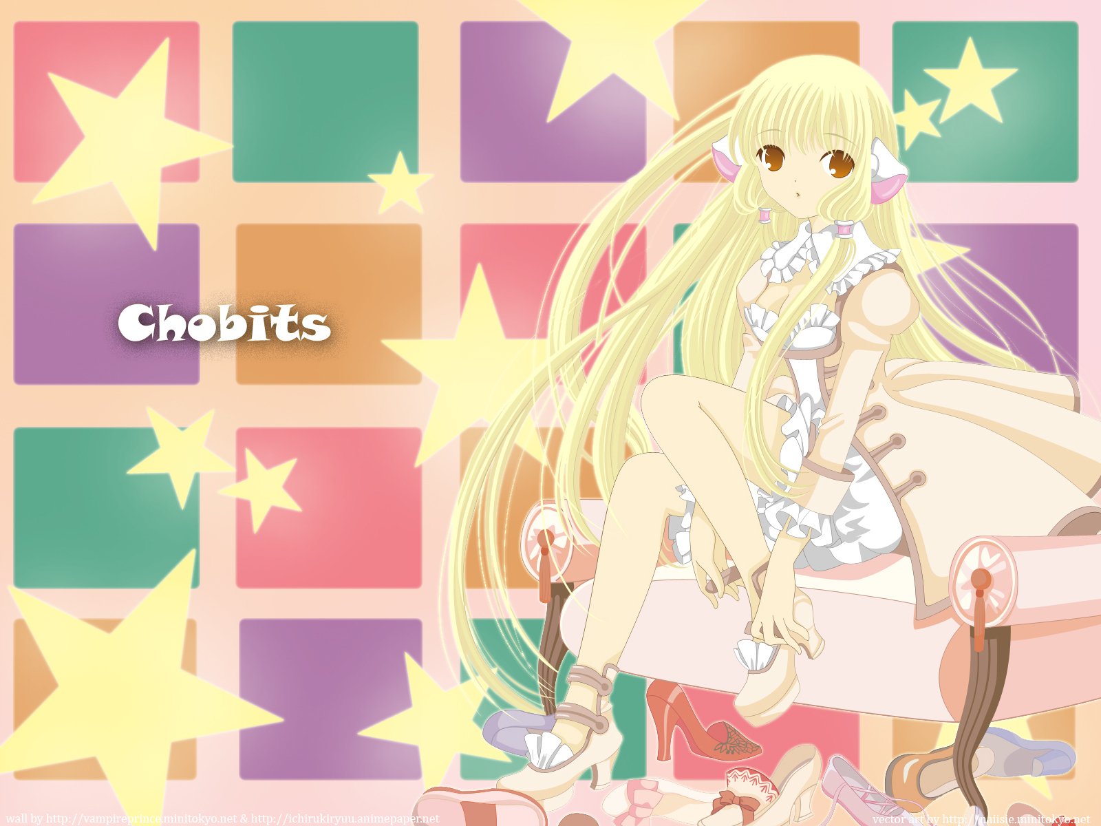 HD PC desktop wallpaper featuring Chobits anime character with flowing blonde hair against a colorful starry background.