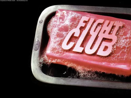 HD PC desktop wallpaper featuring a soap bar with the Fight Club movie title embossed, surrounded by bubbles, representing the iconic film.