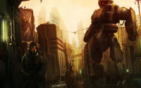 A 4K Ultra HD man-made urban scene from BattleTech: The Board Game featuring a towering mech and a soldier in a dystopian cityscape background.