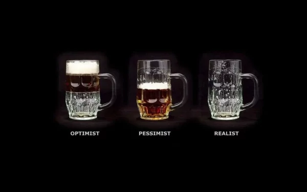 HD desktop wallpaper featuring three beer mugs labeled Optimist, Pessimist, and Realist, each filled with varying amounts of beer against a black background.