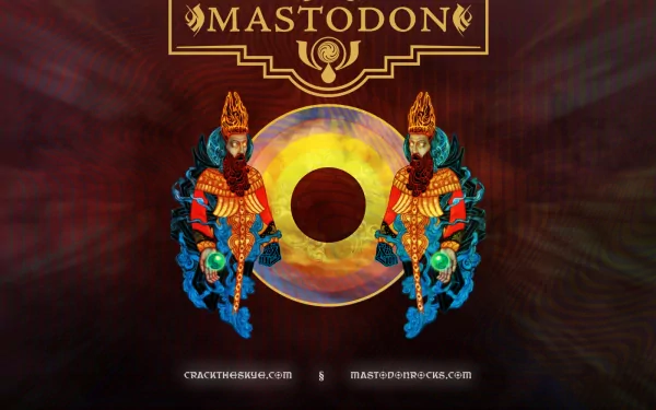 HD PC desktop wallpaper featuring vibrant, symmetrical artwork with two ornate figures and the band name Mastodon against a dark, textured background.