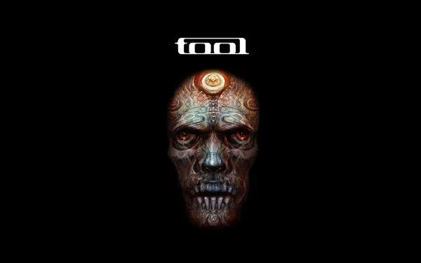 A captivating HD wallpaper featuring a stylized skull with intricate designs, topped by the word Tool, reflecting the band's unique artistry and connection to music.