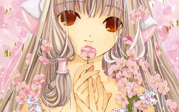 Anime Chobits 2K Quad HD PC desktop wallpaper and background: close-up of Chii with long silver hair and brown eyes holding a pink blossom amid a cascade of cherry blossoms.