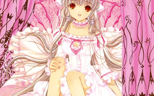 HD PC desktop wallpaper/background of Chobits anime character Chii in a frilly pink dress, long silver hair and red eyes, seated amid ornate pink curtains.