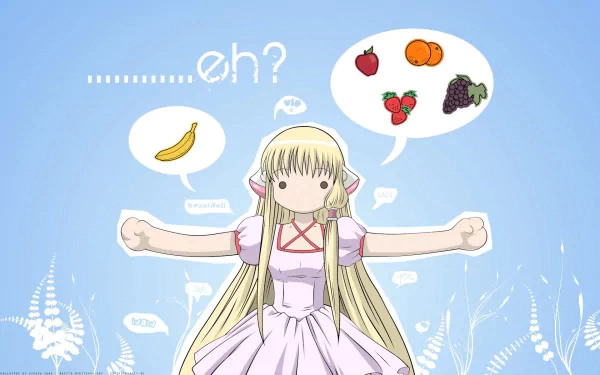 Anime-style HD PC desktop wallpaper featuring a Chobits character with long blonde hair, wearing a pink dress, surrounded by fruit illustrations and text on a blue background.