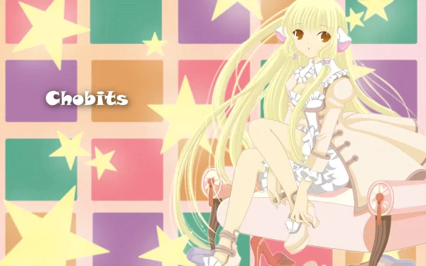 HD PC desktop wallpaper featuring Chobits anime character with flowing blonde hair against a colorful starry background.