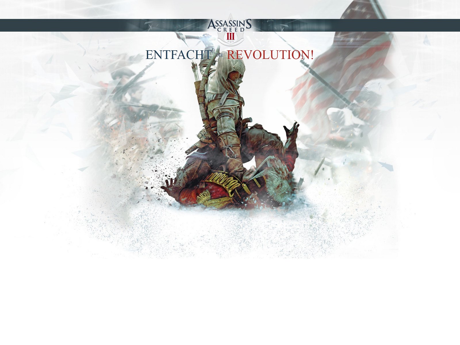 HD PC desktop wallpaper featuring a dramatic scene from Assassin's Creed III with the protagonist standing over a fallen enemy amid a Revolutionary War backdrop.