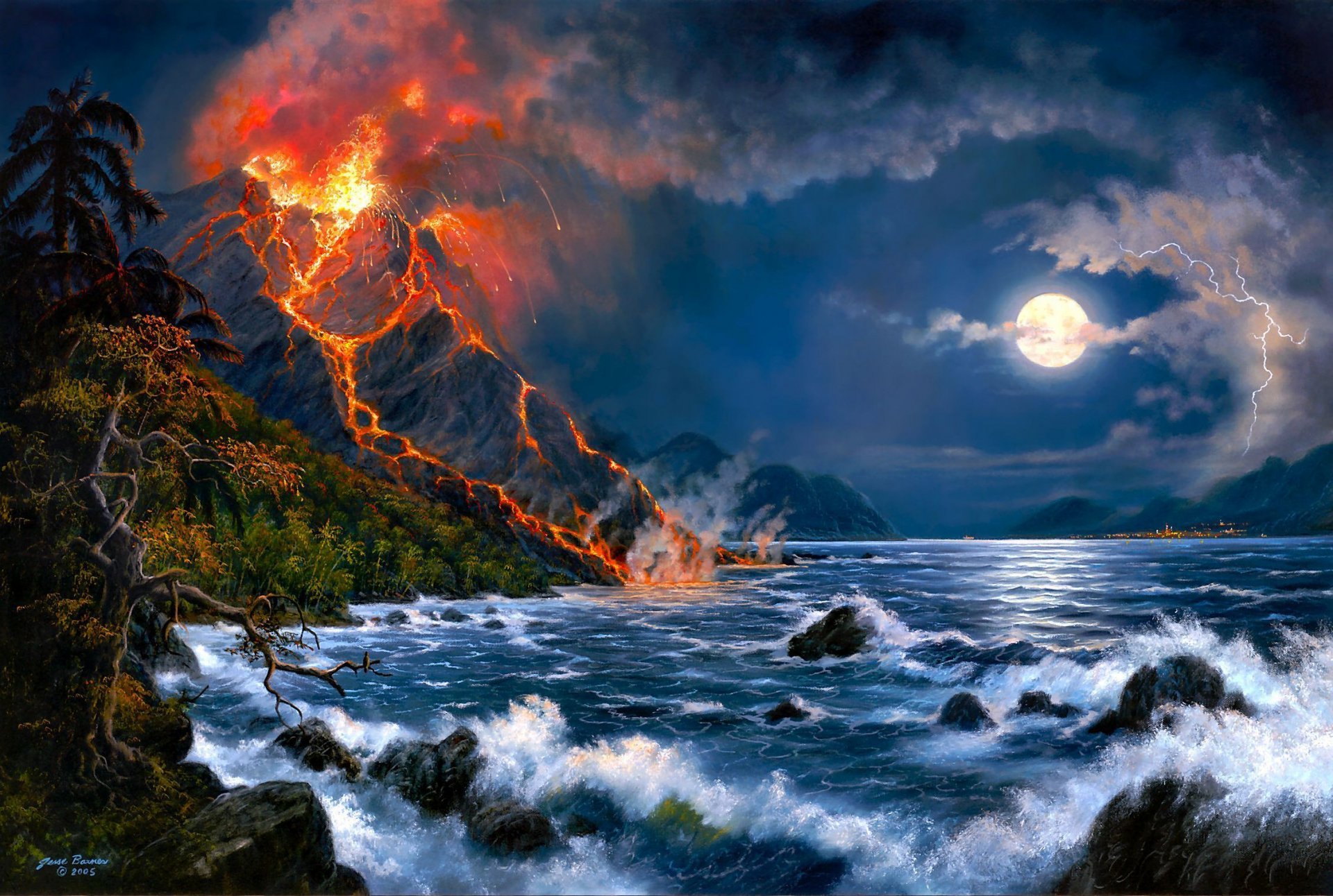 A dramatic night scene featuring a volcanic eruption with lightning illuminating the sky, a full moon overhead, and waves crashing against the rocky shoreline, creating an artistic landscape.