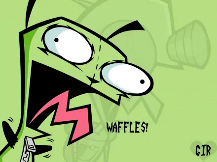 HD desktop wallpaper of Gir from the TV show Invader Zim, enthusiastically shouting WAFFLES! on a green background.