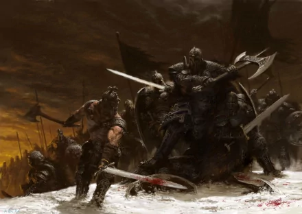 HD fantasy battle scene depicting armored warriors clashing fiercely on a snowy battlefield, captured in dramatic dark tones for a PC desktop wallpaper.