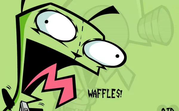 HD desktop wallpaper of Gir from the TV show Invader Zim, enthusiastically shouting WAFFLES! on a green background.