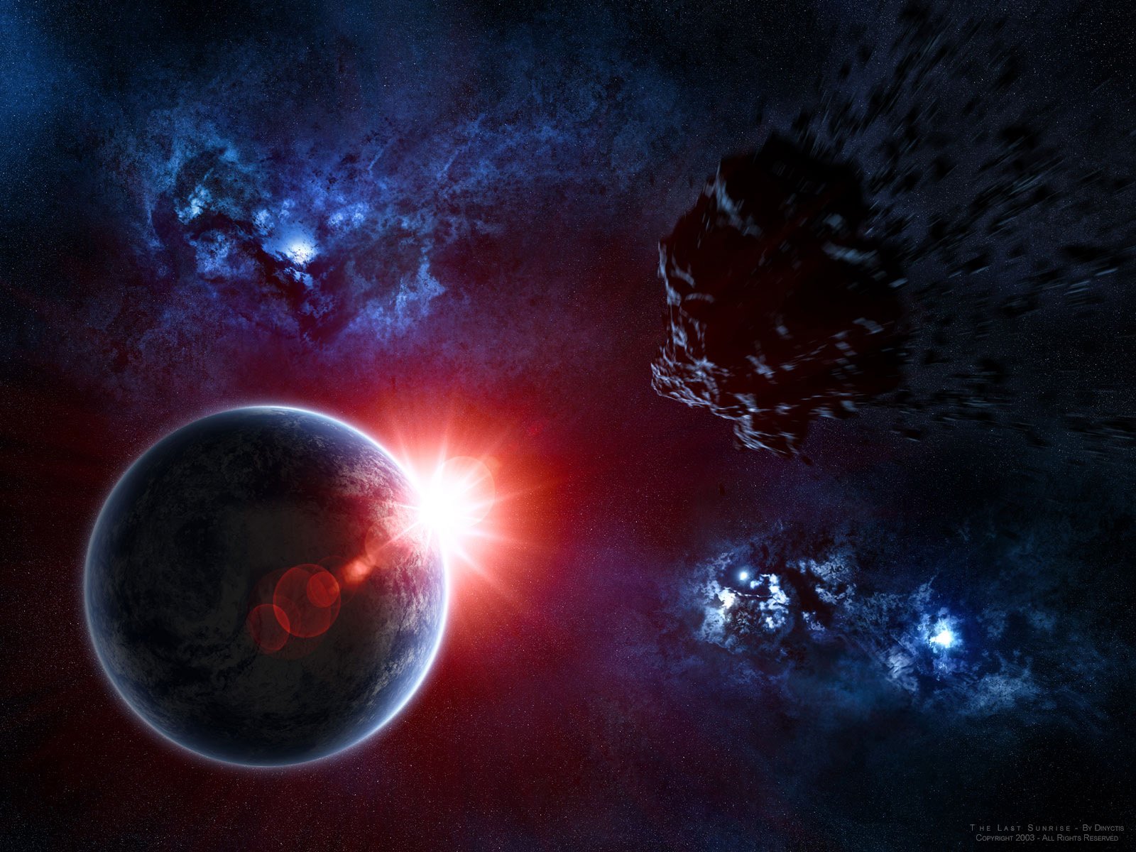 A stunning sci-fi scene featuring a vibrant planet illuminated by a nearby star, set against a backdrop of dark space and swirling cosmic elements. An HD desktop wallpaper for fans of the genre.