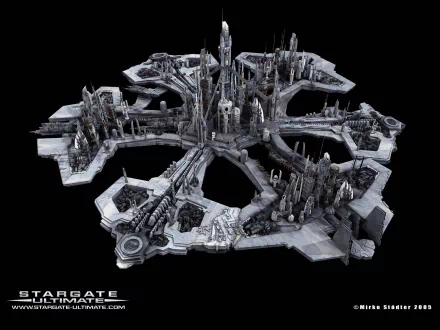 A detailed HD desktop wallpaper featuring a futuristic cityscape from the TV show Stargate Atlantis, showcasing intricate structures against a black background.