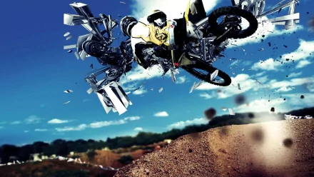 A dynamic motocross rider performs an impressive trick mid-air, surrounded by debris, set against a vibrant blue sky. This striking HD image captures the thrill of motocross sports.