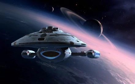 A stunning HD wallpaper featuring the starship Voyager from Star Trek: Voyager, soaring through space with vibrant planets and rings in the backdrop.