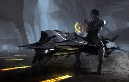 A futuristic, HD desktop wallpaper featuring a sci-fi scene with a sleek hover bike and a figure in high-tech gear interacting with a glowing holographic display.