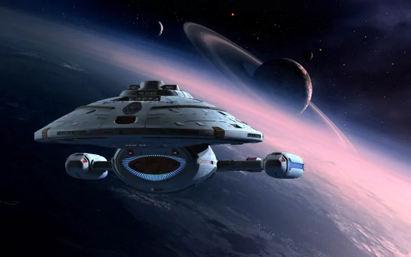 A stunning HD wallpaper featuring the starship Voyager from Star Trek: Voyager, soaring through space with vibrant planets and rings in the backdrop.