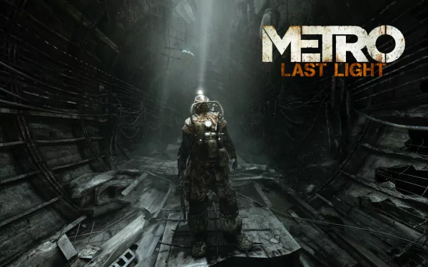 A dark, atmospheric scene from the video game Metro: Last Light, featuring a character in a dilapidated underground environment, with light beams breaking through the shadows.