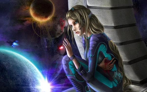 HD PC desktop wallpaper featuring a comic-style spacegirl in a futuristic suit, gazing thoughtfully at a glowing planet and a distant sun in outer space.