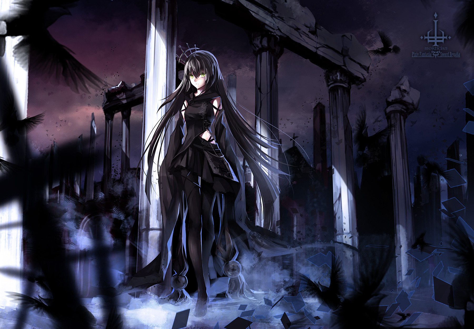 Anime-style HD PC desktop wallpaper featuring a dark, mysterious female character standing amidst ruins, inspired by Pixiv Fantasia themes.