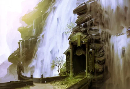 Fantasy HD PC desktop wallpaper depicting an ancient stone gateway nestled beside a majestic waterfall cascading down rocky cliffs under soft sunlight.