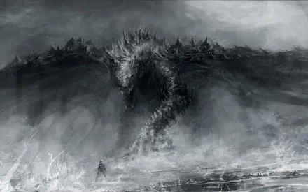 A fierce dragon looms over a stormy sea, engaging in an epic battle amid dark fantasy elements, creating a dramatic and captivating HD wallpaper.