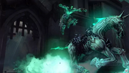 A dynamic scene from Darksiders II, featuring the warrior Death leaping into action atop his ghostly steed, set against a dark, atmospheric background.