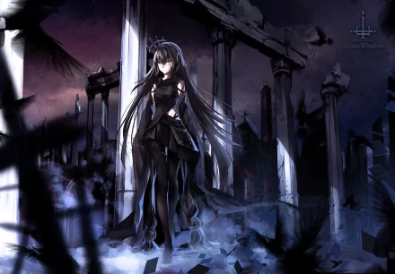 Anime-style HD PC desktop wallpaper featuring a dark, mysterious female character standing amidst ruins, inspired by Pixiv Fantasia themes.