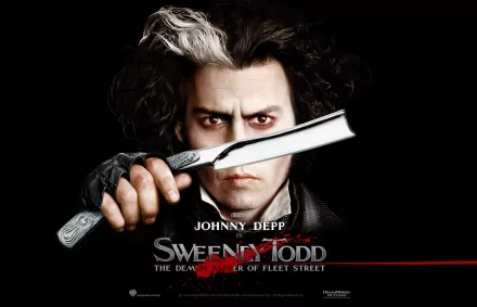 Johnny Depp as Sweeney Todd holds a razor, embodying the darker themes of Sweeney Todd: The Demon Barber of Fleet Street in Concert. A striking HD wallpaper capturing the film's essence.