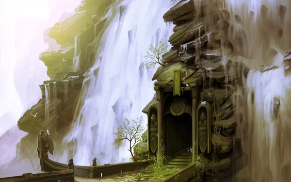 Fantasy HD PC desktop wallpaper depicting an ancient stone gateway nestled beside a majestic waterfall cascading down rocky cliffs under soft sunlight.