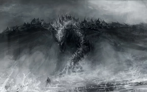 A fierce dragon looms over a stormy sea, engaging in an epic battle amid dark fantasy elements, creating a dramatic and captivating HD wallpaper.