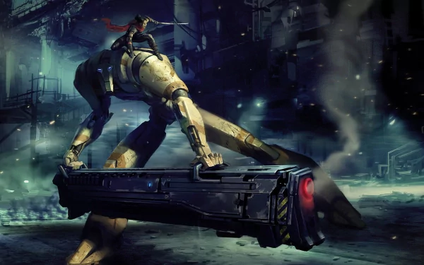A futuristic robot towers over a dark, industrial landscape, wielding a large weapon. This HD PC desktop wallpaper captures the essence of sci-fi action and intrigue.