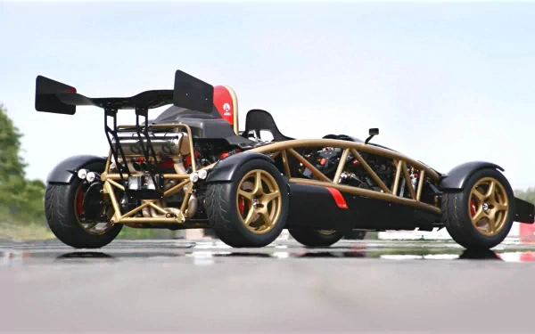 HD PC desktop wallpaper background: Ariel Atom open-wheel vehicle on a wet track, low-angle rear three-quarter view showcasing gold exposed chassis, rear wing and sporty alloy wheels.