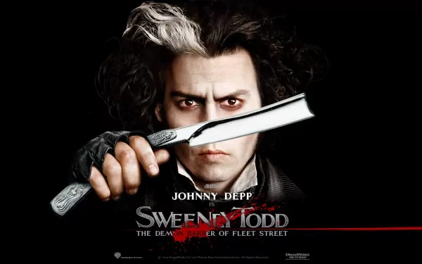 Johnny Depp as Sweeney Todd holds a razor, embodying the darker themes of Sweeney Todd: The Demon Barber of Fleet Street in Concert. A striking HD wallpaper capturing the film's essence.