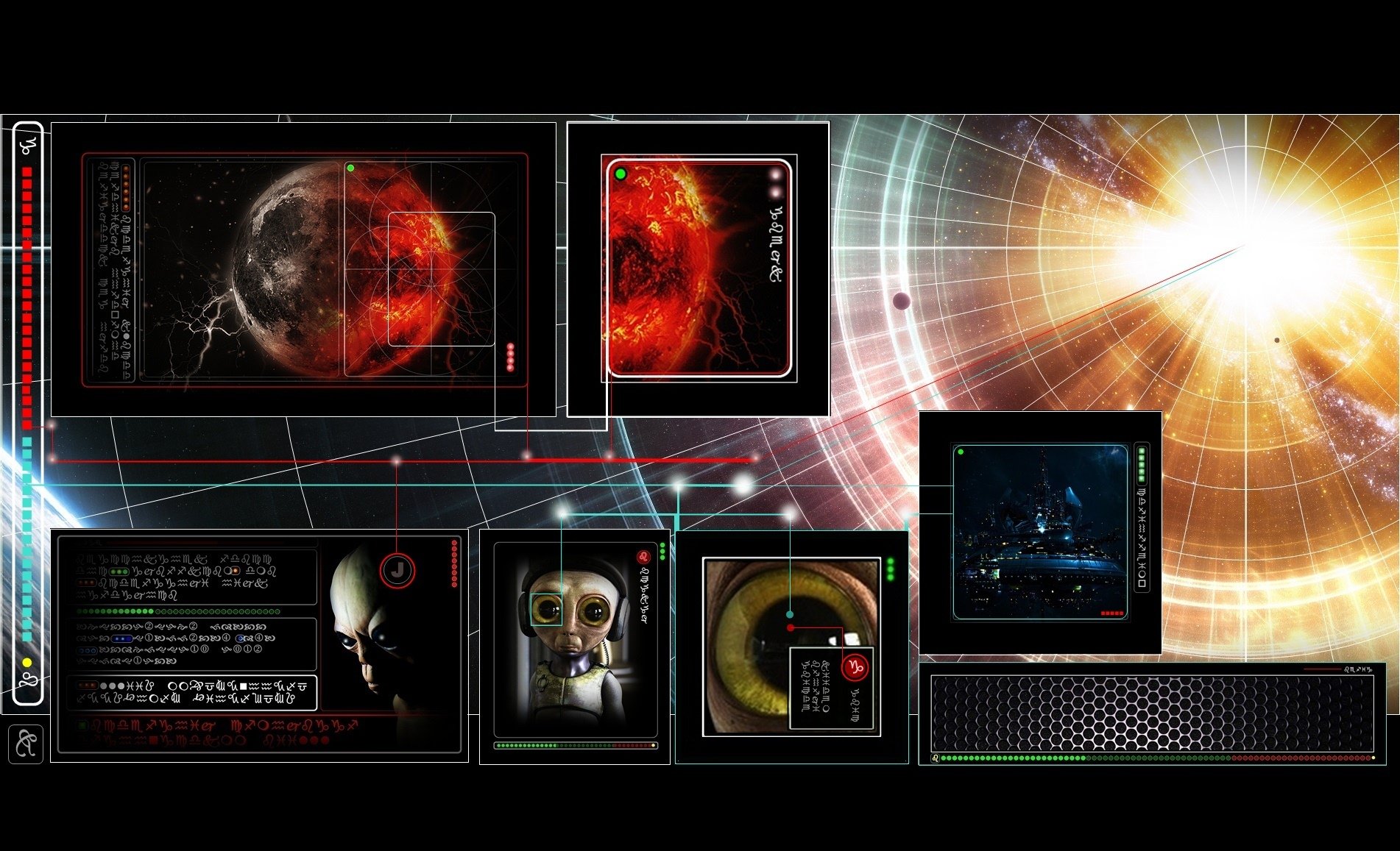 HD sci-fi desktop wallpaper featuring futuristic interfaces, digital planet visuals, and bright cosmic energy with artistic design elements.