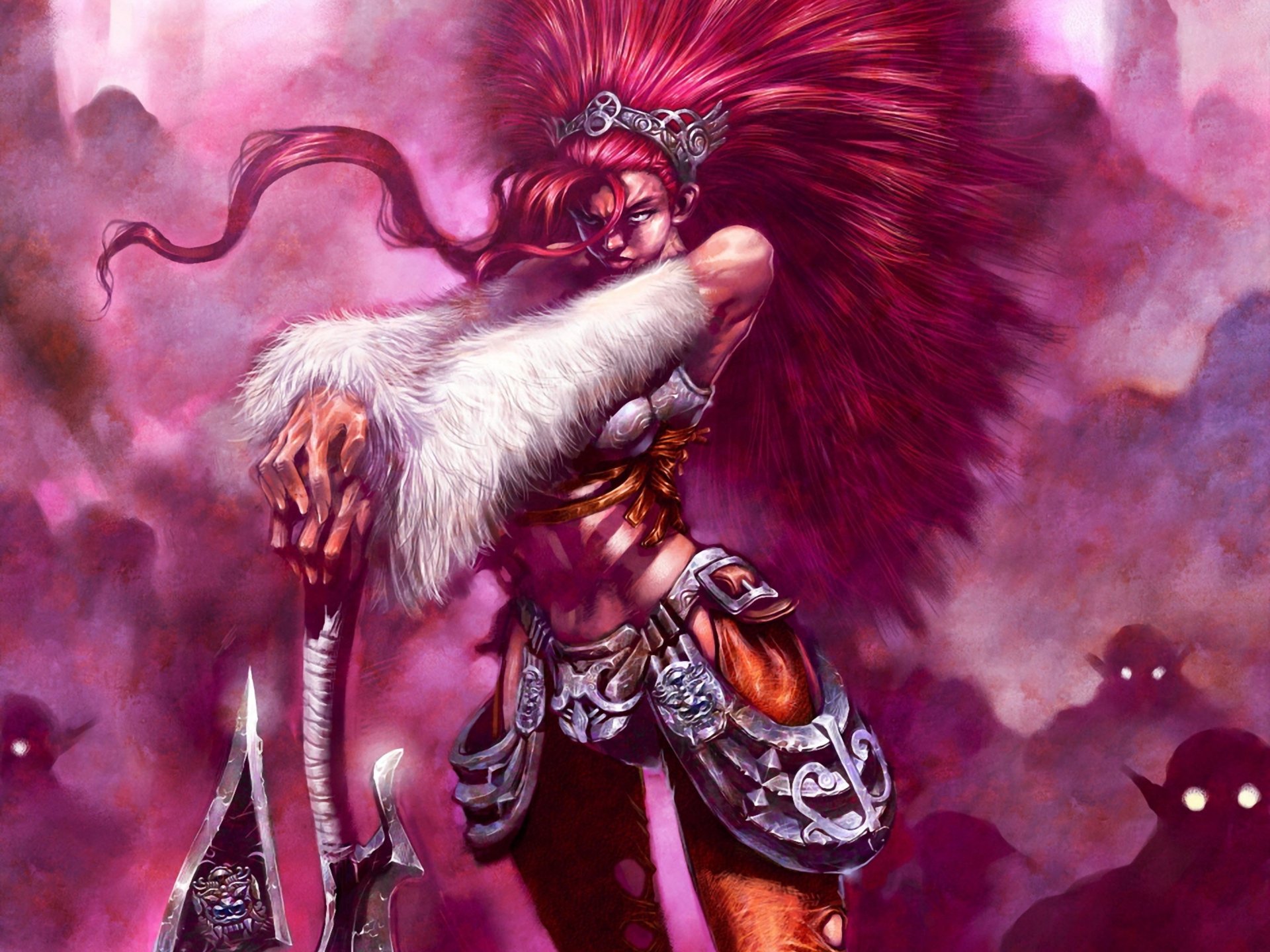 HD fantasy desktop wallpaper featuring a fierce woman warrior with flowing red hair and armor, set against a misty, ethereal background with shadowy figures.
