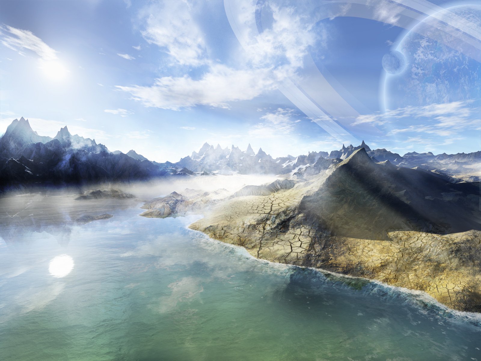 HD sci-fi desktop wallpaper featuring a serene alien planet with towering mountains, a reflective lake, and a bright sky with distant celestial bodies.