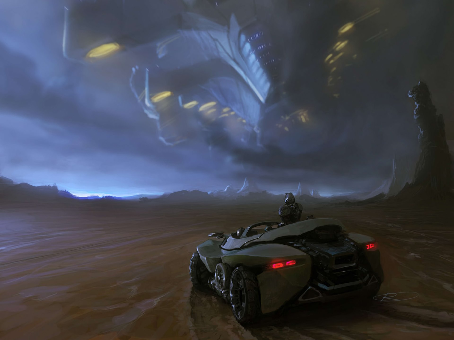 A stunning HD desktop wallpaper features a futuristic scene with a lone figure in a sleek vehicle, gazing at a massive spaceship looming in a dramatic, cloudy landscape.