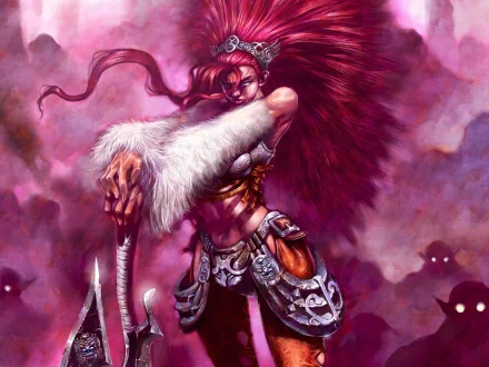 HD fantasy desktop wallpaper featuring a fierce woman warrior with flowing red hair and armor, set against a misty, ethereal background with shadowy figures.