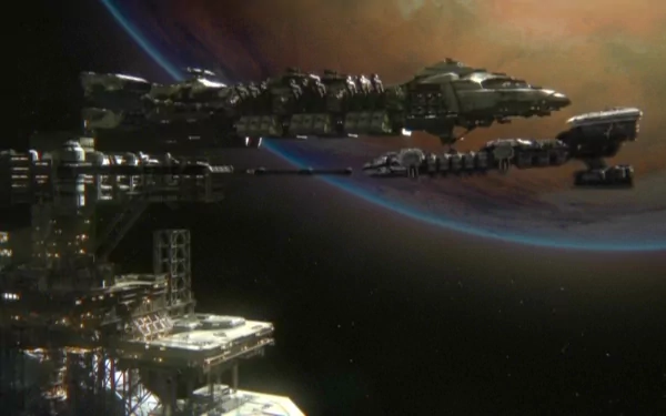 HD desktop wallpaper featuring a detailed starship from the movie Starship Troopers: Invasion set against a colorful cosmic backdrop.