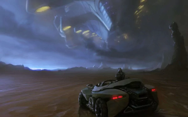 A stunning HD desktop wallpaper features a futuristic scene with a lone figure in a sleek vehicle, gazing at a massive spaceship looming in a dramatic, cloudy landscape.