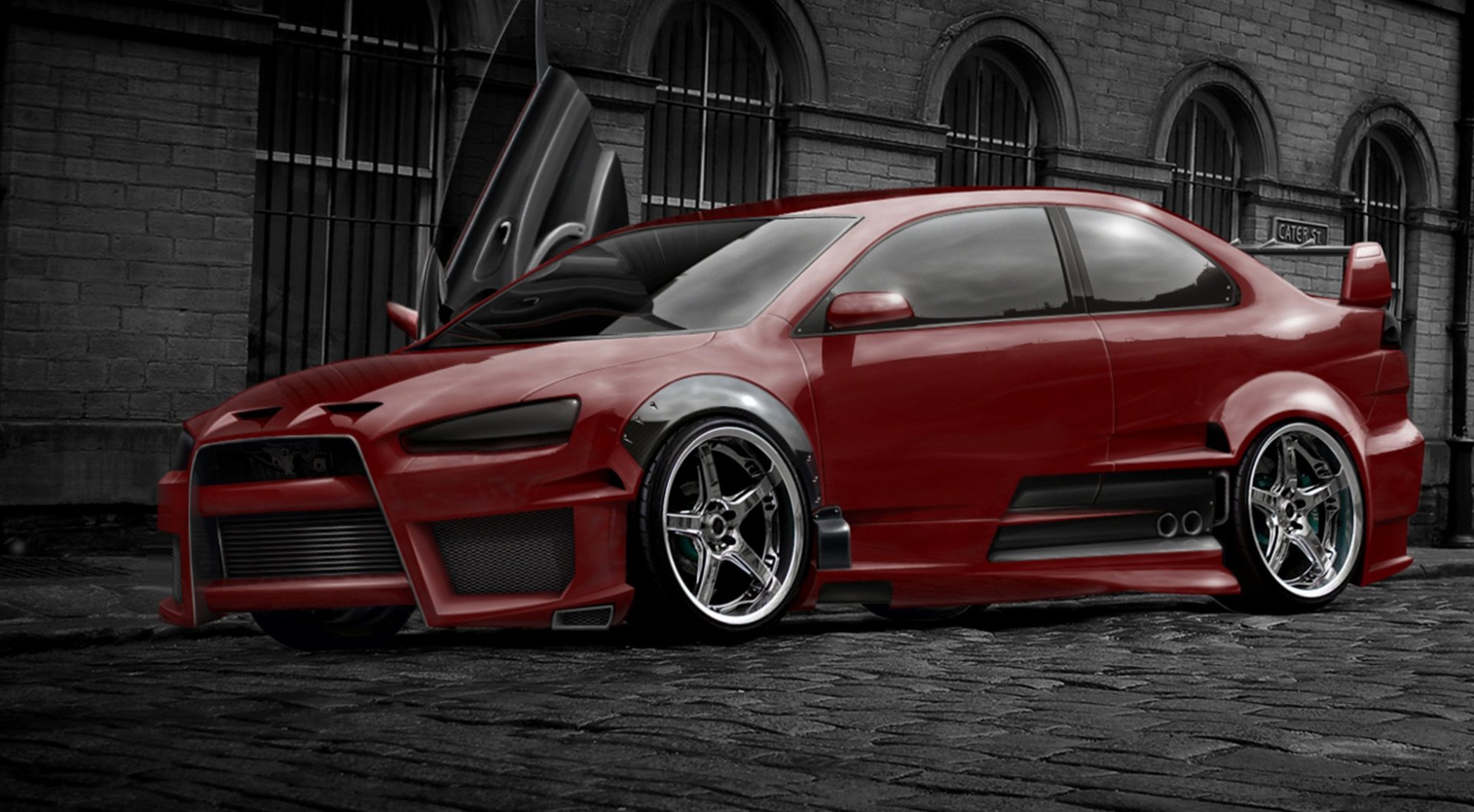 Red Mitsubishi sports car with aftermarket rims and body kit parked on cobblestone street before arched brick windows — high-definition PC desktop wallpaper/background.