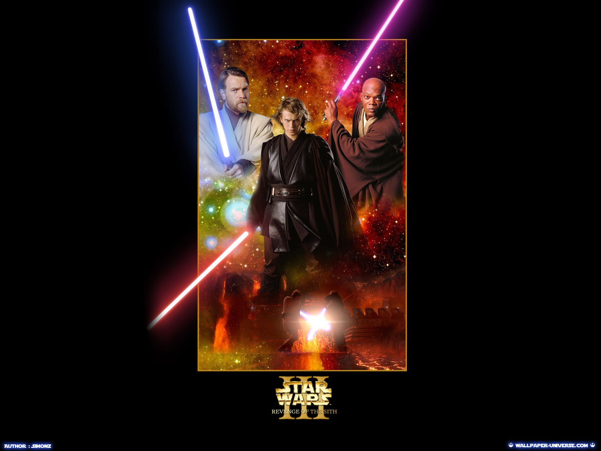 HD PC desktop wallpaper featuring key characters from the Star Wars movie, illuminated by glowing lightsabers against a vibrant cosmic background.