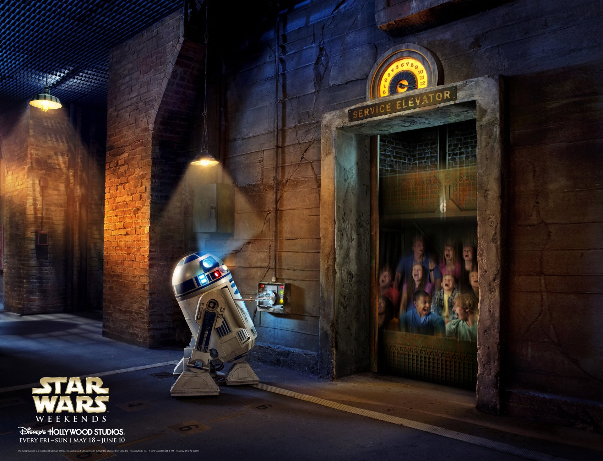 HD PC desktop wallpaper featuring Star Wars' R2-D2 standing near an elevator with a group of people inside, set in a dimly lit, industrial environment.
