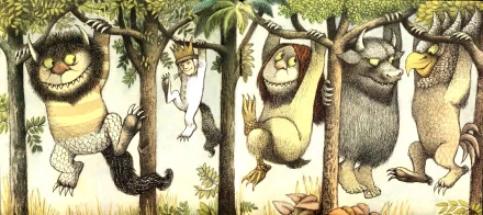HD desktop wallpaper featuring characters from the movie Where the Wild Things Are hanging playfully among trees in a vibrant, illustrated forest scene.