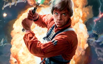 Luke Skywalker wields a lightsaber against a dramatic explosion, featuring X-Wings in the background, capturing the epic essence of Star Wars in this vibrant HD wallpaper.