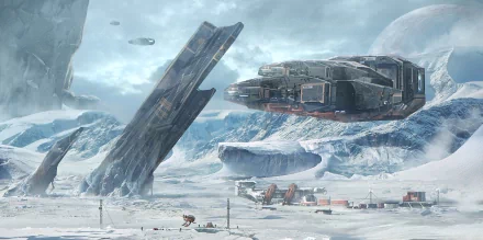 HD PC desktop wallpaper featuring a sci-fi vehicle hovering over a snowy, alien landscape with futuristic structures and distant planets in the sky.